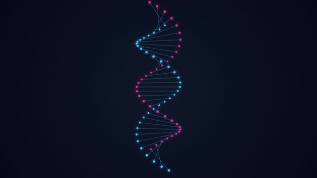 DNA double helix structure with glowing pink and blue nodes, abstract genetic science animation on dark background