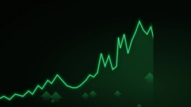 Financial stock market green line graph showing growth and upward trends on dark background
