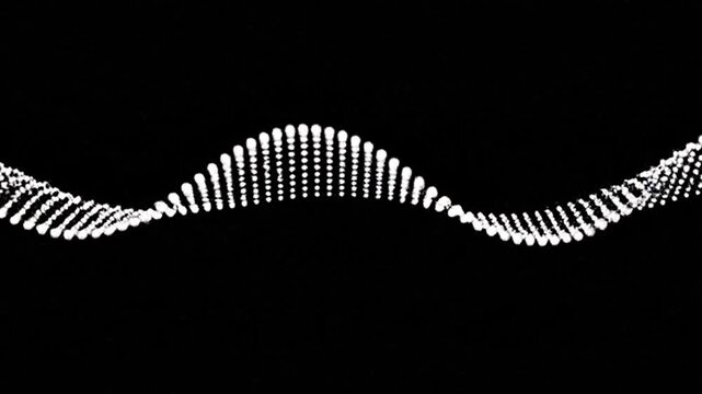 Abstract white particle wave undulating smoothly on a black background for big data, network, and technology concept.