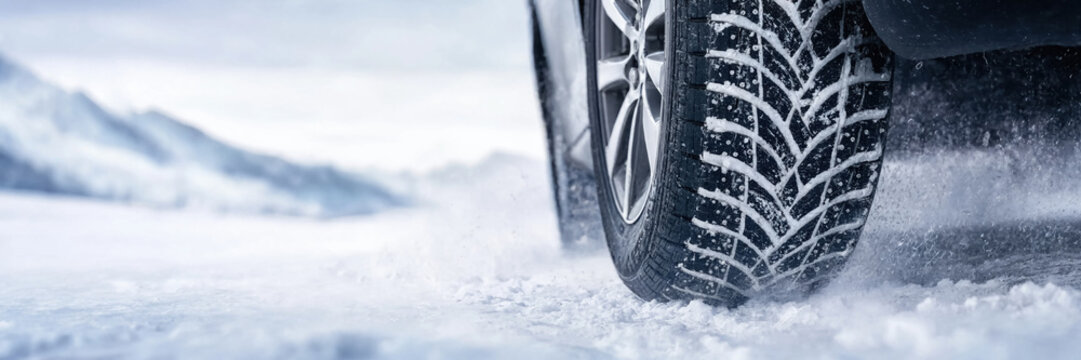 Close-up of a car tire moving through fresh snow on a winter road, highlighting traction and safe driving conditions in cold weather.