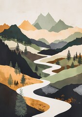Naklejka premium Serene landscape featuring winding river through layered mountains and forests in minimalist earthy color palette.