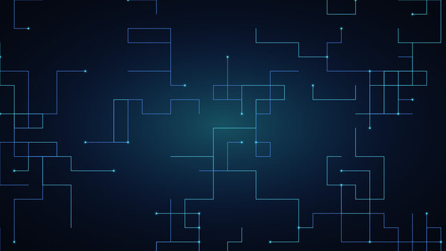 Digital circuit board pattern with glowing blue lines on dark