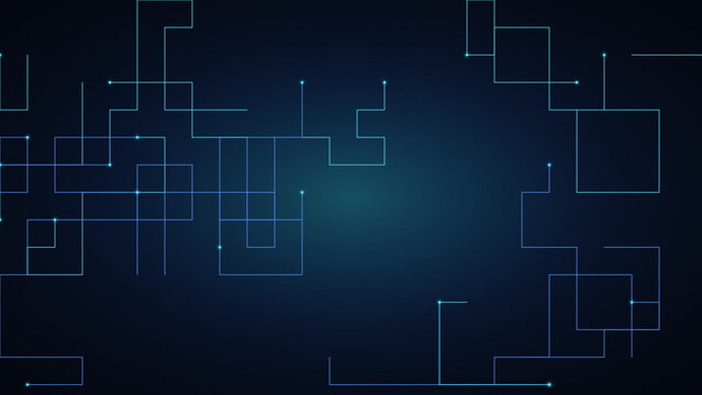 Blue neon circuit lines forming a digital network on a dark background