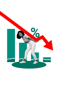 Vertical photo collage of dissatisfied american girl carry arrow decline percent inflation business failure isolated on painted background