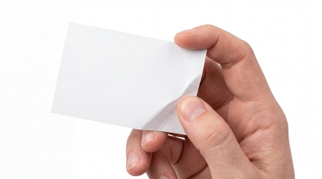 Hand holding blank white card mockup against plain background