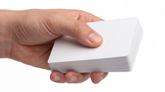 Hand holding stack of blank white card mockup on white background