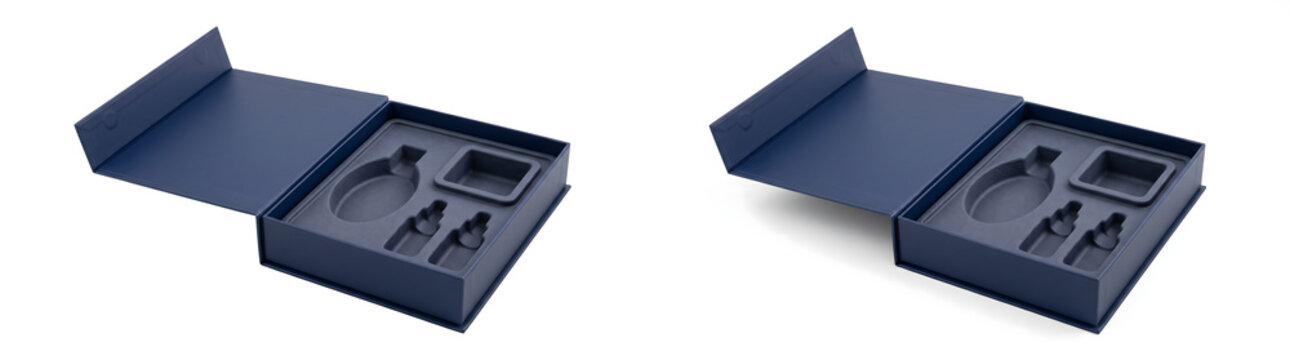 Gift box mockup in matte navy blue with magnetic flap lid and molded insert tray for perfume bottle and dropper vials on clean white background