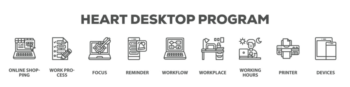 Heart Desktop Program with icon of Online shopping, Work process, Focus, Reminder, Workflow, Workplace, Working hours, Printer, Devices
