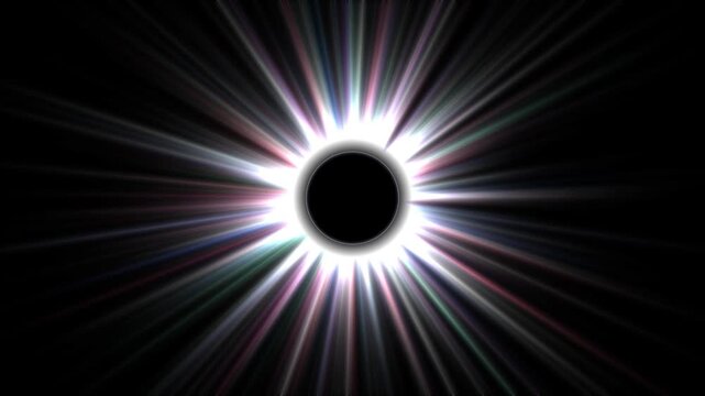 Prismatic light ray burst loop animation on dark background for cosmic eclipse explosion abstract energy flare and cinematic space backdrop