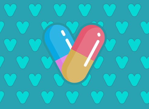 Flat design pill capsules in heart shape on teal heart pattern