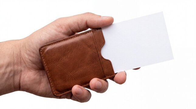 Hand holding blank business card mockup in leather holder