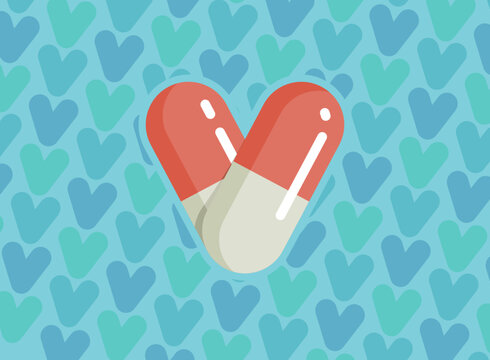 Flat design red and beige capsules in heart shape on blue pattern