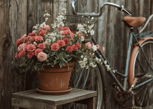 Flowers in full bloom in a pot on an old wooden table.