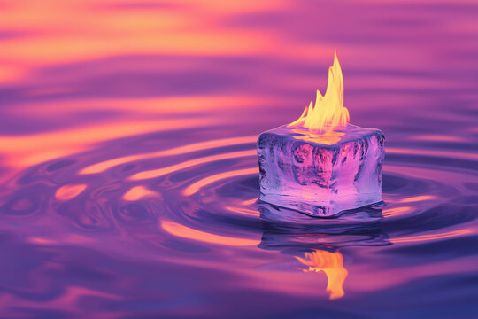 Ice cube fire artwork highlighting water and cold through an imaginative design. Nature setting defined by solid and a distinctive artistic mood. Elements include macro and photo.
