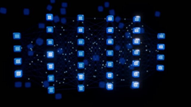 3D glowing cube neural network loop animation on dark background for artificial intelligence machine learning big data and deep learning technology