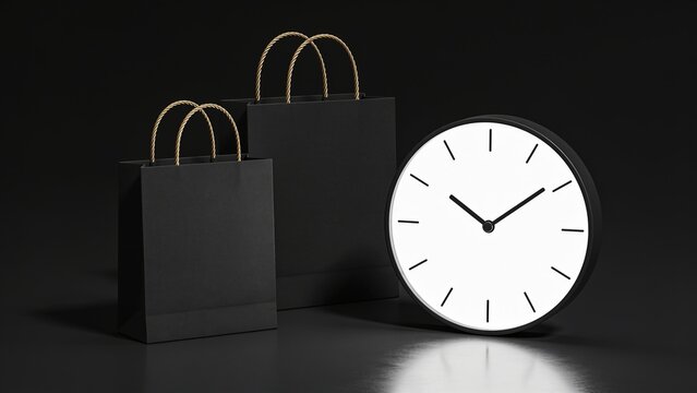 Black shopping bags and a glowing analog clock arranged for seasonal retail promotions and e-commerce marketing campaigns to highlight limited-time offers for improved consumer urgency and sales