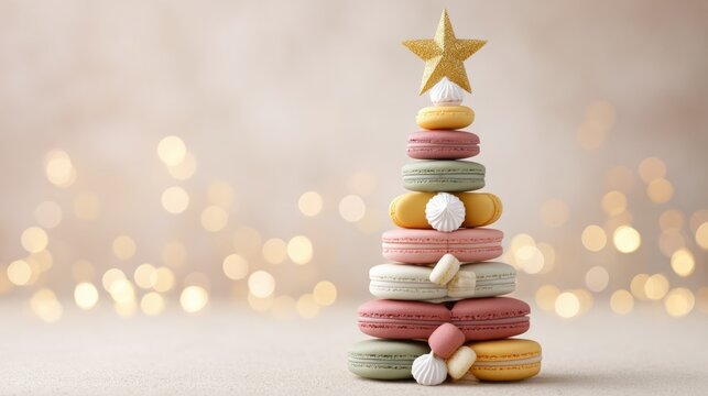 Festive macaron tree with golden star on soft bokeh background