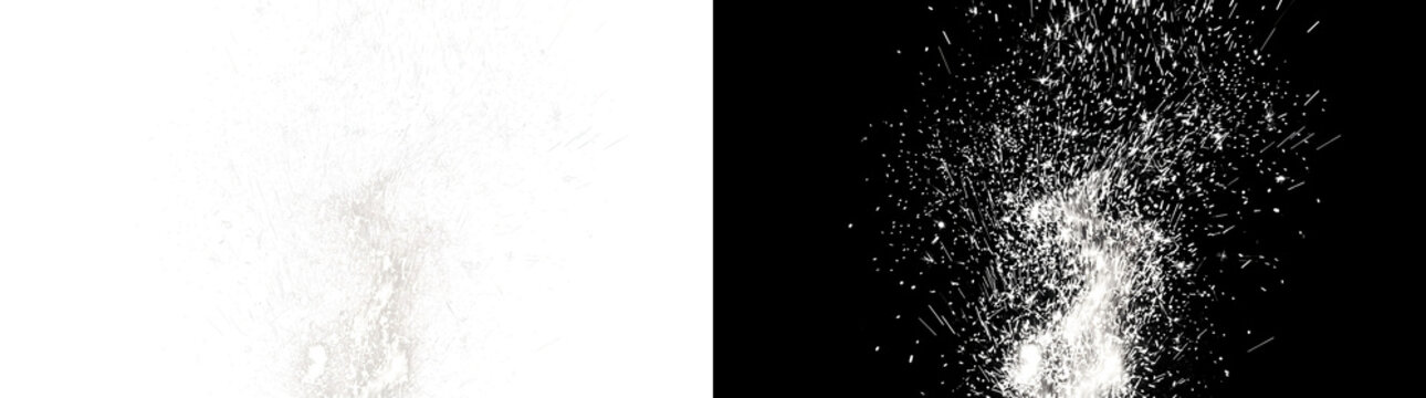 Spark eruption with dense white particles and star shaped flares shooting upward for overlays in PNG, Transparent and Black Background Versions
