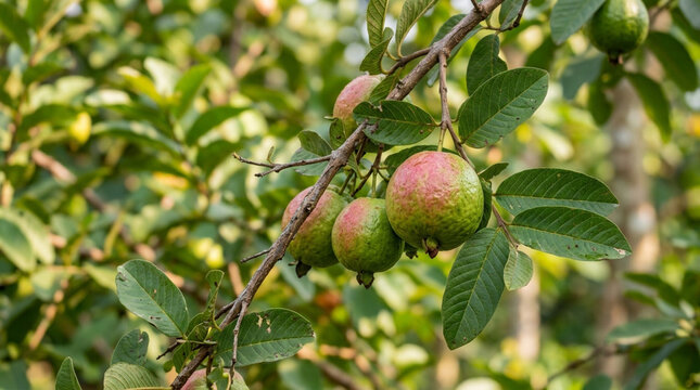 Fresh pink guava hanging on tree branch in tropical orchard for organic agriculture farm marketing and healthy food content photography