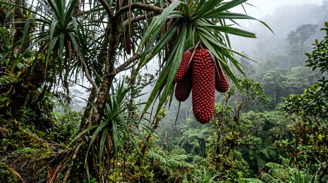 Tropical pandanus fruit hanging from a vibrant palm tree in a misty highland rainforest landscape for travel magazines and nature blog