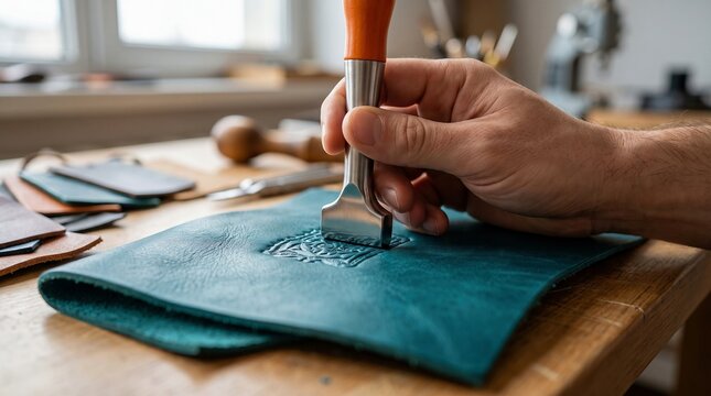 Leather crafting hand stamping intricate design on teal leather in workshop, handmade quality and traditional artisan skill.