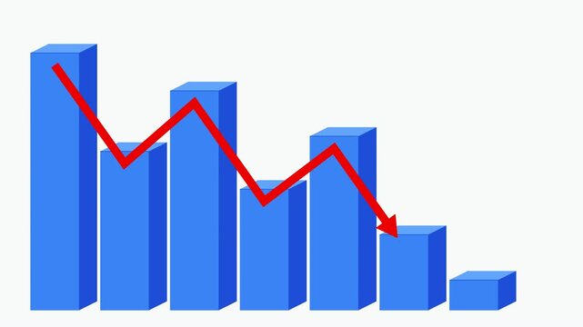 3D blue bar chart with a downward red arrow depicting decreasing business performance and financial losses