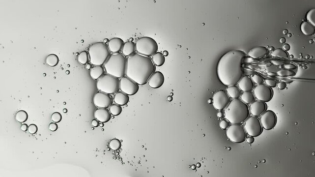 Pipette dripping transparent cosmetic serum into a petri dish creating bubbles in a macro view. Skincare research in a laboratory