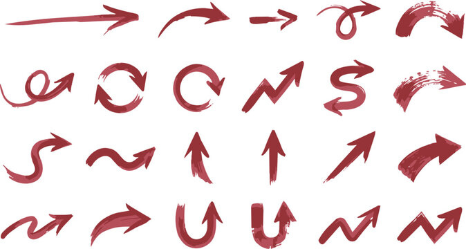 Collection of hand painted red arrow shapes and directional indicators