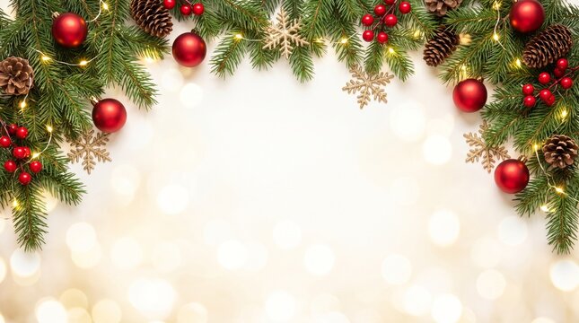 Elegante fondo navide&ntilde;o con ramas de pino, bolas rojas, bayas, pi&ntilde;as y luces c&aacute;lidas, dejando un amplio espacio central para publicidad, felicitaciones y promociones.
