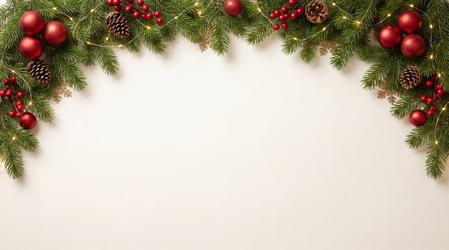 Elegante fondo navide&ntilde;o con ramas de pino, bolas rojas, bayas, pi&ntilde;as y luces c&aacute;lidas, dejando un amplio espacio central para publicidad, felicitaciones y promociones.