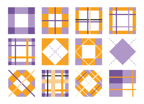 Halloween plaid seamless patterns, Pastel orange and purple doodle check and grid seamless vector pattern