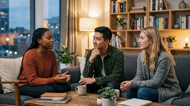 Black woman speaking thoughtfully to an Asian man and white woman engaged in mindful conversation for diverse support group therapy sessions and mental wellness content.