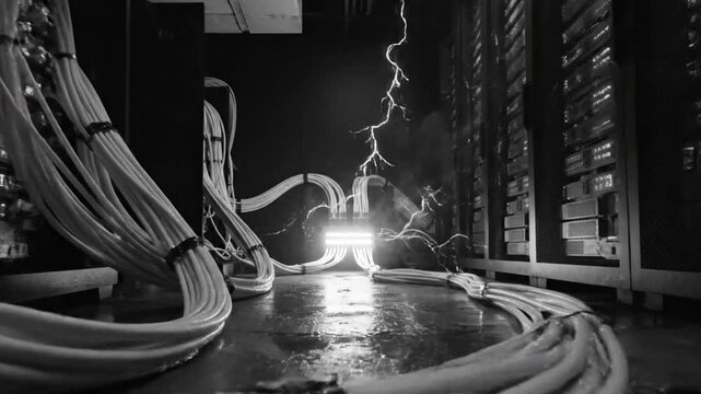 Dramatic Electrical Surge in a Flooded Server Room, Emitting Smoke and Lightning, Infrastructure Damage