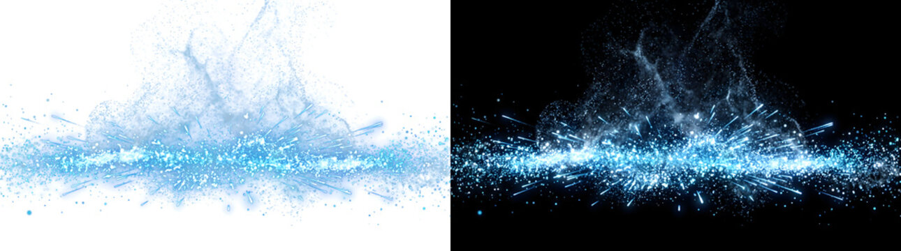 Energy shockwave spreading horizontally with glowing blue sparks and misty particle clouds for overlays in PNG, Transparent and Black Background Versions