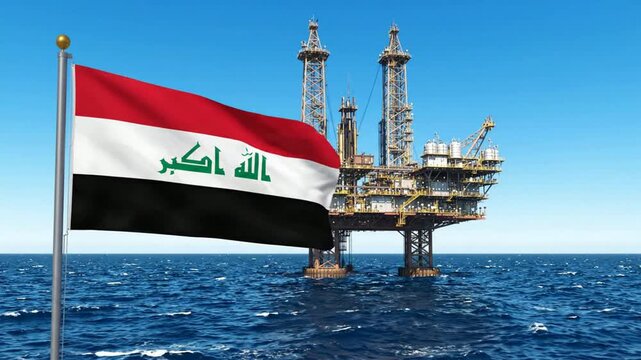 Bandeira Nacional do Iraque Tremulando com Plataforma de Petr&oacute;leo Offshore no Oceano Durante o Dia. Gerado por IA.