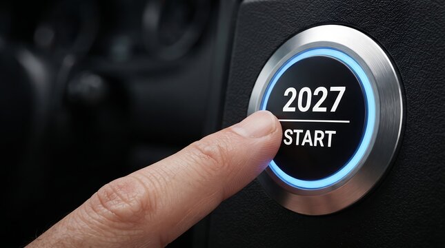 Finger Pressing a Futuristic Car Start Button with 2027 Year Concept for Future Technology and Transportation