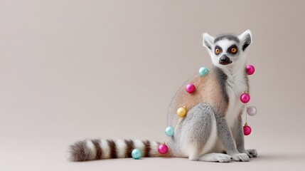 Obraz premium Lemur holding glittery ornaments on neutral background - festive animal theme