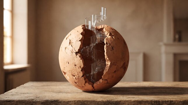 Cracked terracotta sphere revealing a glowing digital data architecture structure inside on a wooden table