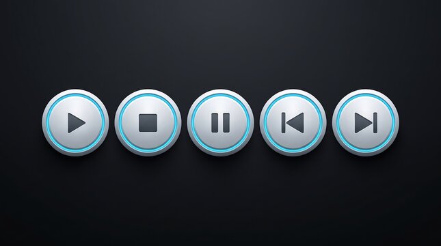 Sleek modern media control buttons featuring intuitive play, stop, pause, rewind, and fast forward symbols for seamless digital interaction and user experience