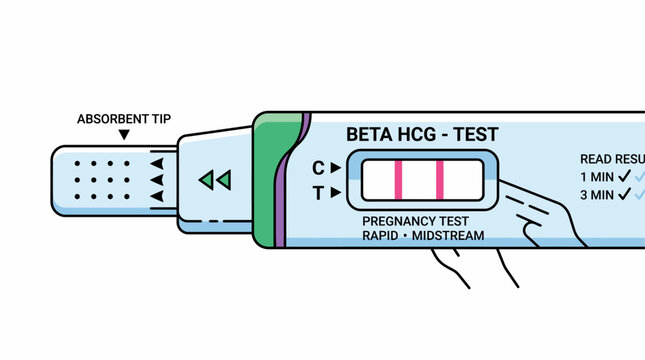 Beta HCG pregnancy rapid midstream test vector illustration showing positive result with two pink lines.