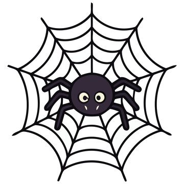 Cute cartoon spider in web illustration for Halloween, isolated on transparent background