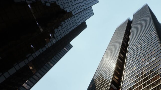 Tall glass skyscrapers create a striking skyline as sunlight reflects off their surfaces. This architectural marvel stands proudly against a clear sky, showcasing urban beauty.