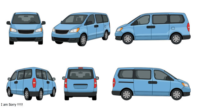 Set of blue minivan views showing front side and back angles.