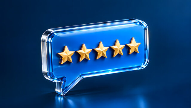 Three dimensional illustration of a translucent blue glass speech bubble containing five golden ranking stars isolated on a dark blue background representing review rating
