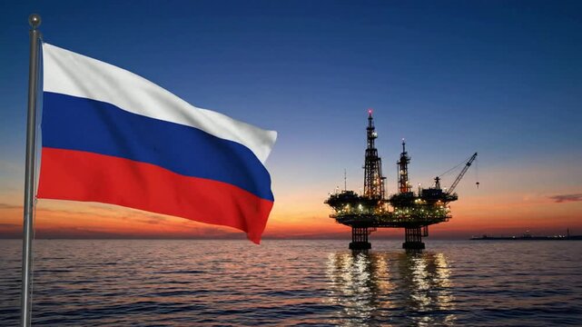 Bandeira Nacional da R&uacute;ssia Tremulando com Plataforma de Petr&oacute;leo Offshore no Oceano ao Crep&uacute;sculo. Gerado por IA.