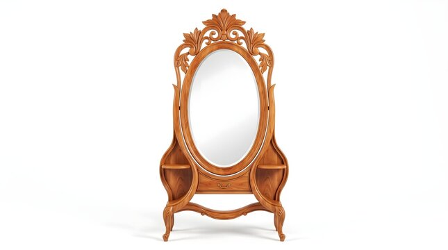 Ornate wooden dressing table mirror with carved frame and shelves