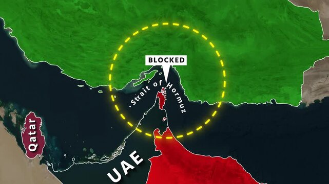 Blocked Strait of Hormuz geopolitical conflict map video footage