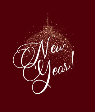 Christmas ball ornament and festive sphere with lettering made of shimmering dots drawing on a red background. Modern holiday symbol and New Year decoration design.