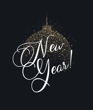 Christmas ball ornament and festive sphere with lettering made of shimmering dots drawing on a black background. Modern holiday symbol and New Year decoration design.