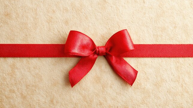 Elegant red ribbon bow on textured yellow background for gift wrapping and celebrations